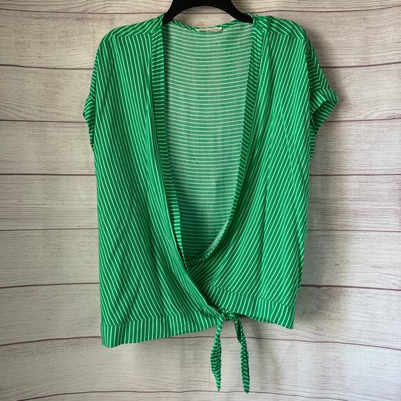 Olive & Leaf Green and White Striped Wrap Front Blouse Tie Bottom Size Large - Picture 1 of 11